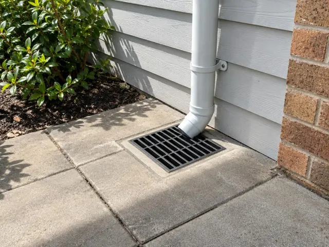 Stormwater grate beside a downpipe on dry paved ground near a house wall in Berowra